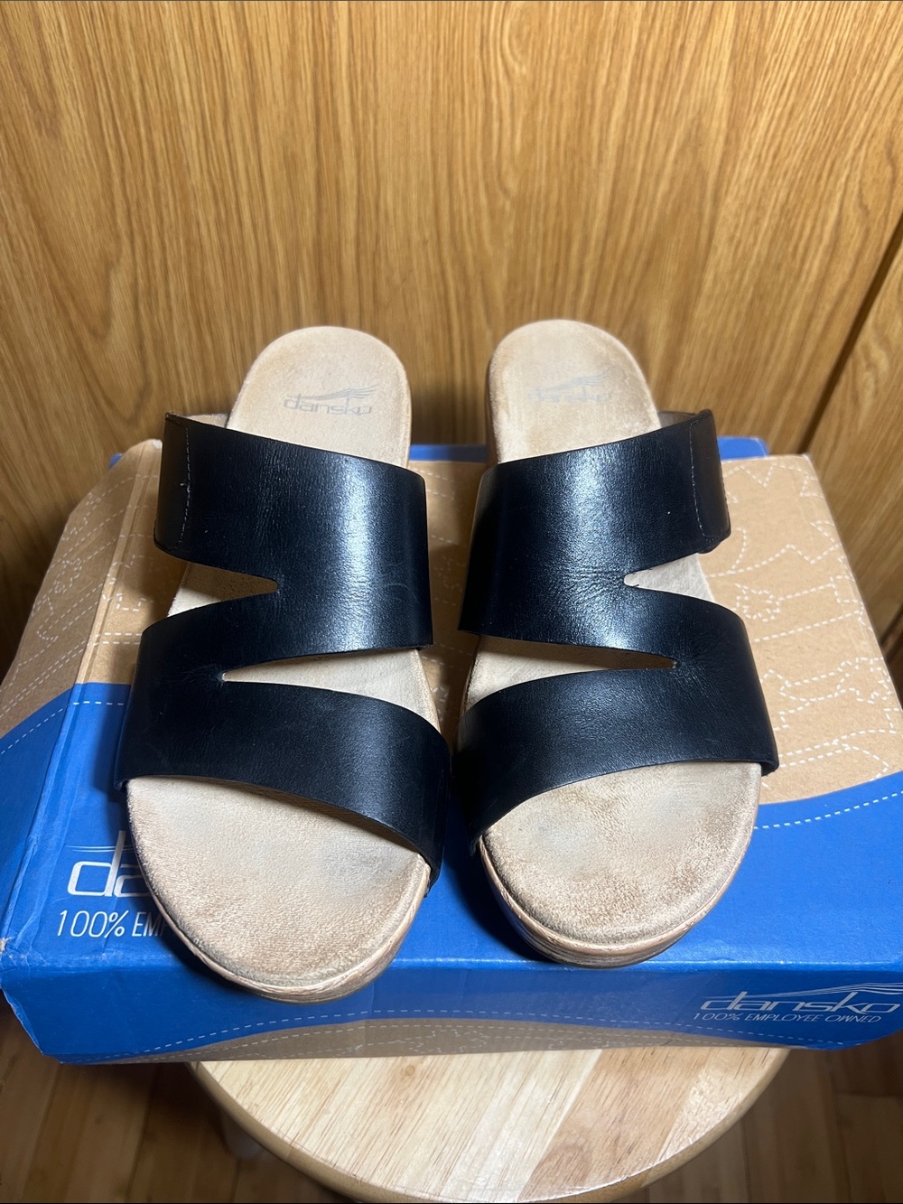 Dansko Black Leather Zigzag Triple-Band Wedge Slide